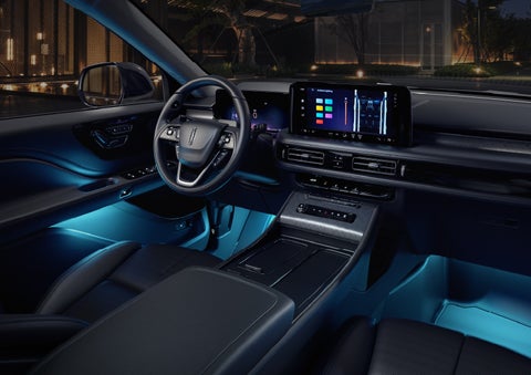 Deep blue Ambient Lighting glows from various places within a 2026 Lincoln Aviator® SUV. | White's Canyon Motors - Lincoln in Spearfish SD
